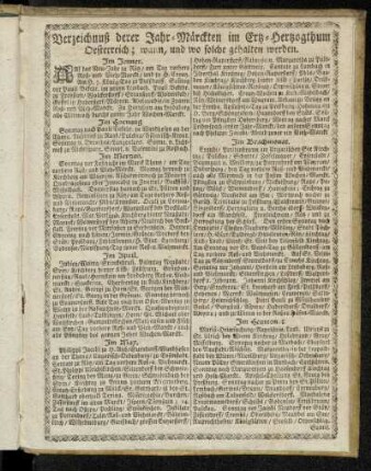 Verzeichnuß derer Jahr-Märckten im Ertz-Hertzogthum Oesterreich;[...]