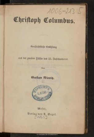 Christoph Columbus : geschichtliche Erzählung aus der zweiten Hälfte des 15. Jahrhunderts