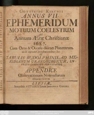 7: Cum Appendice Observationum Nonnullarum Astronomicarum
