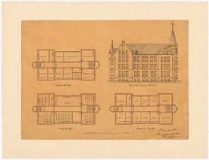 Neues Klassengebäude des Victoria-Instituts, Falkenberg/Mark: Grundriss EG, 1. OG, 2. EG, Aufriss Südfassade
