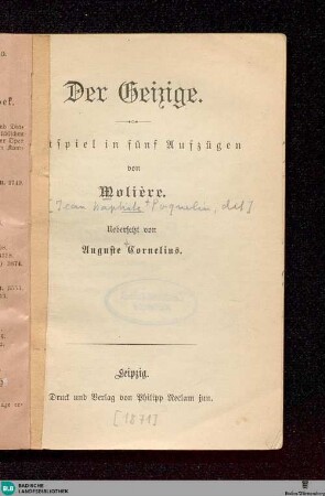 Der Geizige : Lustspiel in fünf Aufzügen