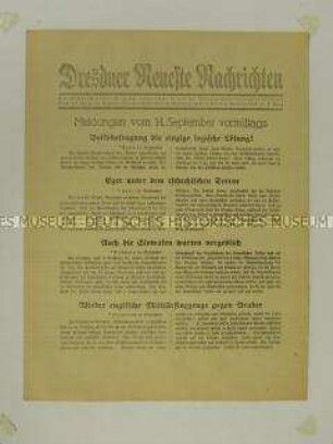 Nachrichtenblatt der "Dresdner Neueste Nachrichten" u.a. zur Lage im Sudetenland