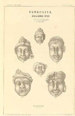 Plate XXX. Pankuliya. Building No. 21. Stucco heads.