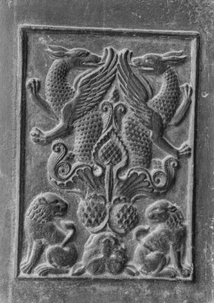 Bronzetür mit Heiligen und der Passion Christi: Ornament mit Löwen und Drachen