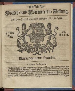 53. Stueck, Montag den 29ten December 1760