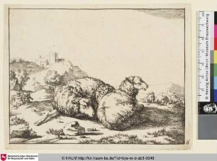 [Deux moutons couché à côté l'un de l'autre; Zwei liegende Schafe vor einer Herde im Hintergrund links eine Burg]