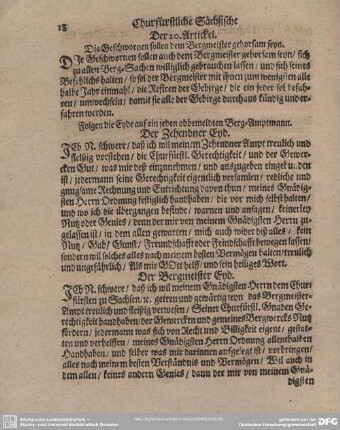 Der 20. Artickel. Die Geschwornen sollen dem Bergmeister gehorsam seyn.