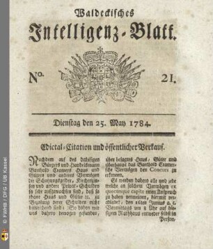 No. 21, Dienstag den 25. May 1784