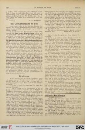 Ausstellungen / Preisausschreiben / Denkmäler / Staatsaufträge etc. / Staatsankäufe etc. / Aus Galerien und Museen / Aus Akademien und Kunstschulen / Personalien / Auszeichnungen / Todesfälle / Stipendien und Stiftungen / Vereine / Kunsthandel und Versteigerungen / Vermischtes