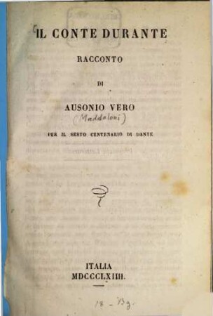 Il Conte Durante racconto di Ausonio Vero per il sesto centenario di Dante