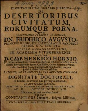 Disputatio Inauguralis Iuridica De Desertoribus Civitatum, Eorumqe Poena