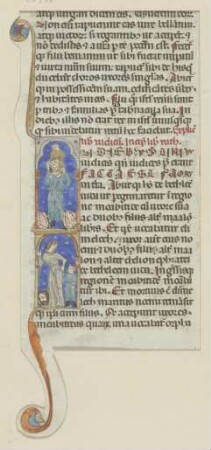 Initiale I: Oben der Heilige Christophorus, das Jesuskind auf den Schultern tragend, unten eine Frau, ein Kind an der Hand haltend (verso Textfragment)