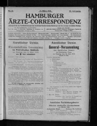 Aerztlicher Verein. General-Versammlung des Aerztlichen Vereins im Patriotischen Hause am Dienstag, den 26. März 1918 abends 8 Uhr.
