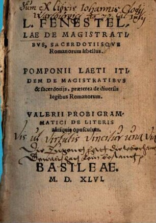 L. Fenestellae De Magistratibus, Sacerdotiisque Romanorum, libellus