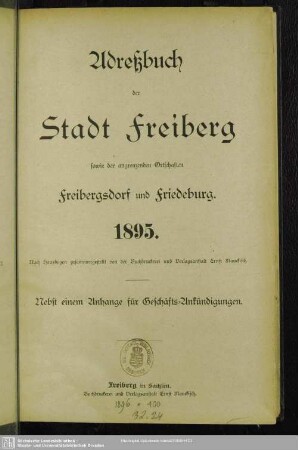 1895: Adreßbuch der Stadt Freiberg sowie der angrenzenden Ortschaften Freibergsdorf und Friedeburg