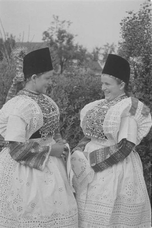 Brautjungfern in Hoyerswerdaer Tracht. : Družce we Wojerowskej drasće.