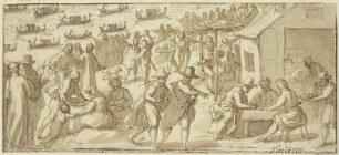 Volksszene am Ufer eines venezianischen Kanals mit Gondeln