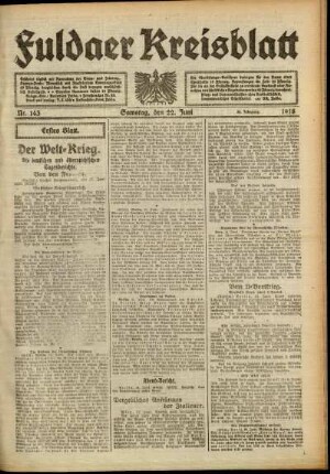 Erste Ausgabe vom Samstag, den 22. Juni 1918.