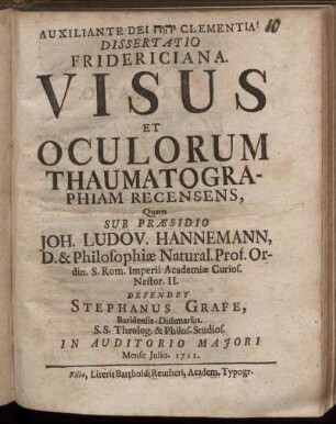 Dissertatio Fridericiana Visus Et Oculorum Thaumatographiam Recensens