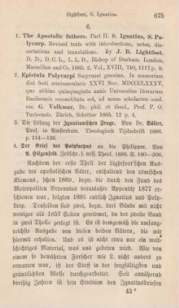 675-687 [Rezension] Lightfoot, Joseph Barber, The Apostolic Fathers ; 2,1.S Ignatius, S. Polycarp