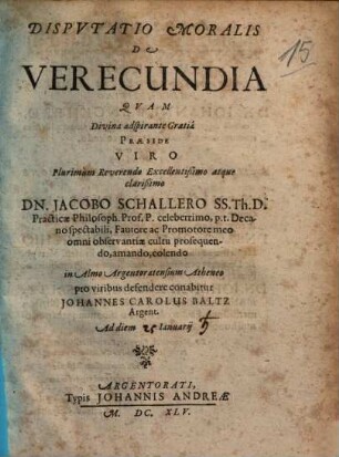 Dispvtatio Moralis De Verecundia