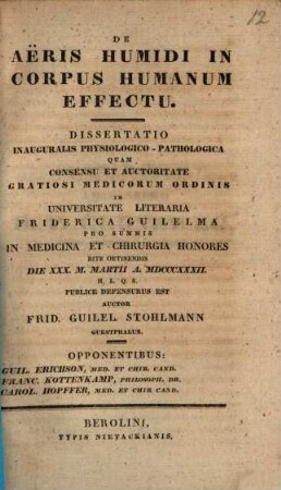 De aëris humidi in corpus humanum effectu : diss. inaug. physiol. path.
