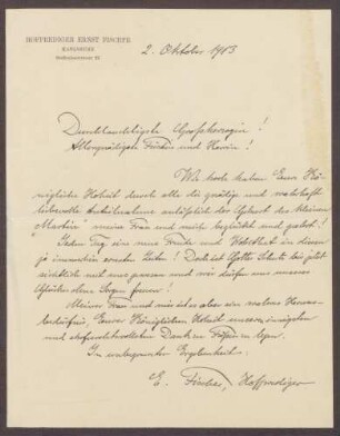 Schreiben von Ernst Fischer an die Großherzogin Luise; Dank für die Anteilnahme an der Geburt des Sohnes Martin