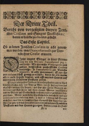 Der Dritte Theil. Bericht von vorgesetzten dreyen Jenischen Censuren und Stengers Ausflüchten ...