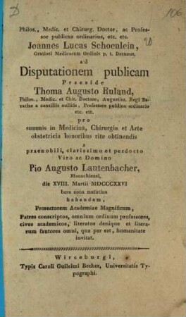 ... Martinus Münz ... ad disputationem publicam ... pro summis in medicina, chirurgia et arte obstetricia honoribus rite obtinendis a ... Petro Deckert, Bambergensi ... die VI. Novembris MDCCCXXX ... invitat