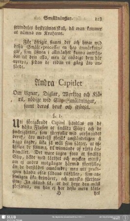 Andra Capitlet Om Ugnar, Diglar, Werktyg och Kjäril, nödige wid Slip-Smältningar, samt deras bruk och skjötsel