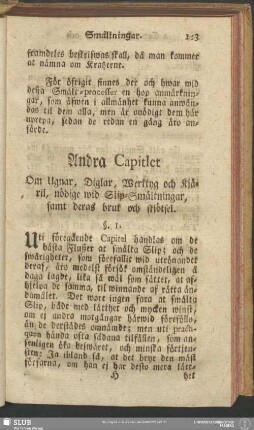 Andra Capitlet Om Ugnar, Diglar, Werktyg och Kjäril, nödige wid Slip-Smältningar, samt deras bruk och skjötsel