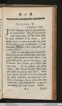 Lettre V. à Varsovie 1777.