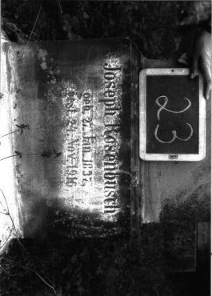 Grabstein 23 (Index: 100100911) Material: Sandstein Zustand: Schrifttafel fehlt, Sockel verwittert Maße HxBxT: 144x47x19 cm Beschreibung: Stele, Sockel, Giebel mit Akroteren, eingetieftes Schriftfeld rechteckig Symbolik: Palmetten und Blattwerk im Giebel: Grabstein 23A