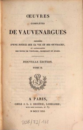 Oeuvres complètes de Vauvenargues : précédées d'une notice sur sa vie et ses ouvrages, 2