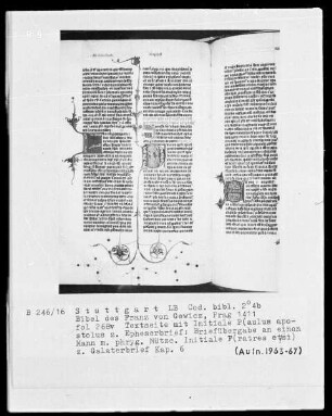 Lateinische Bibel in zwei Bänden für Franz von Gewicz — Initiale P (aulus apls) mit Briefübergabe an einen Mann mit phrygischer Mütze, Folio 268verso