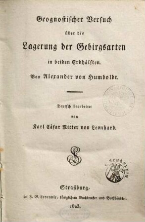 Geognostischer Versuch über die Lagerung der Gebirgsarten in beiden Erdhälften