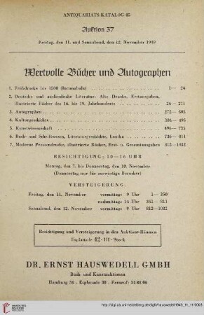 Antiquariats-Katalog 85 - Auktion 37 [Inhalt]