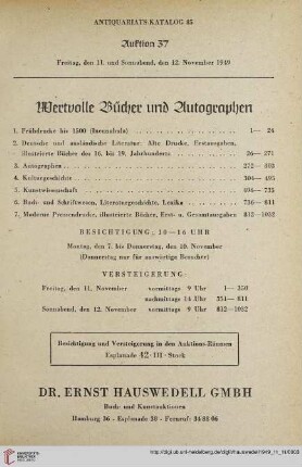 Antiquariats-Katalog 85 - Auktion 37 [Inhalt]