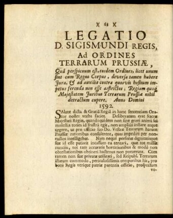 Legatio D. Sigismundi Regis, Ad Ordines Terrarum Prussiae, ...