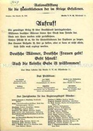 Spendenaufruf der Nationalstiftung für die Hinterbliebenen der im Kriege Gefallenen