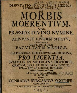 Dispvtatio Inavgvralis Medica, Pathologico-Practica, De Morbis Moerentivm