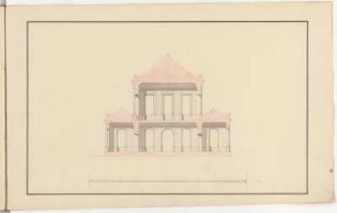 Lusthaus, 4. Entwurfsvariante, Längsschnitt : Lusthaus, 4. Entwurfsvariante, Längsschnitt, Zacharias Longuelune, 1715/1748. Feder, Pinsel in Wasserfarbe/Papier. 28,6 x 45,9 cm. Maßstab ohne Maßeinheit. Vgl. SLUB/HS Mscr.Dresd.i.15,Bl.23, Entwurf, Grund- , Aufriss und Längsschnitt.