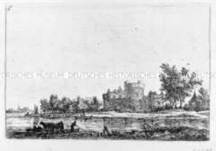 Landschaft mit einer Burg am Fluss (Kühe auf einer Fähre) - Blatt f einer Folge kleiner Landschaften
