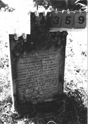 Grabstein 359 (Index: 100106738) Material: Sandstein Zustand: stark verwittert, Mittelaufsatz fehlt Maße HxBxT: 80x44x9 cm Beschreibung: Stele mit Zinnenabschluß, Mittelerhöhung, Mittelaufsatz fehlt, Schriftfeld eingetieft Besonderheit: Kindergrab: Grabstein 359