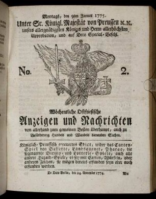 No. 2. Montags, den 9ten Januar 1775