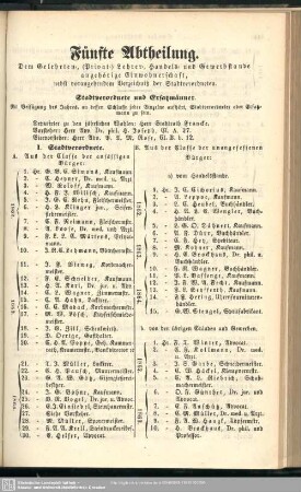 Fünfte Abtheilung. Berufsklassen und Gewerbebetriebe : Fünfte Abtheilung. Dem Gelehrten-, (Privat-) Lehrer-, Handels- und Gewerbestande angehörige Einwohnerschaft, nebst vorangehendem Verzeichniß der Stadtverordneten