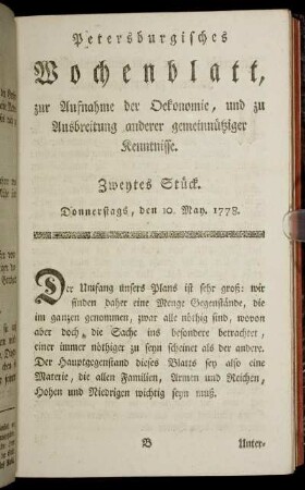 Zweytes Stück. Donnerstags, den 10. May 1778
