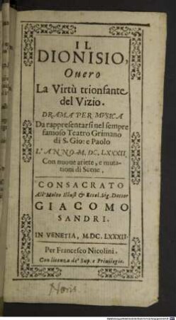 Il Dionisio, overo la virtù trionfante del vizio