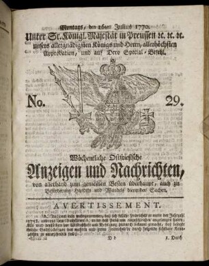 No. 29. Montags, den 16ten Julius 1770.
