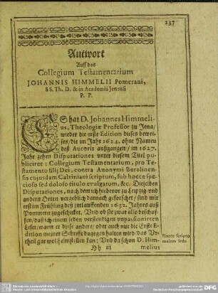 Anwort Auff das Collegium Testamentarium Johannis Himmelii Pomerani, SS. Th. D. & in Academia Jenensi P. P.
